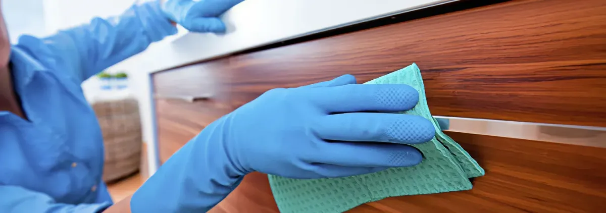 Cleaner wearing blue gloves wiping a wooden cabinet drawer with a microfiber cloth for dust and grime removal, South Bend, IN.